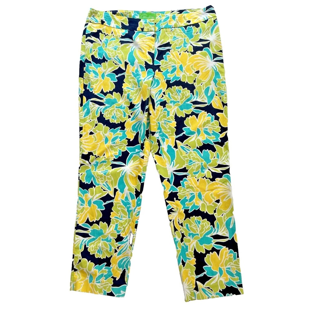 Pappagallo Women Floral Ankle Pants Size 12 Tropical Summer Resort Yellow Aqua